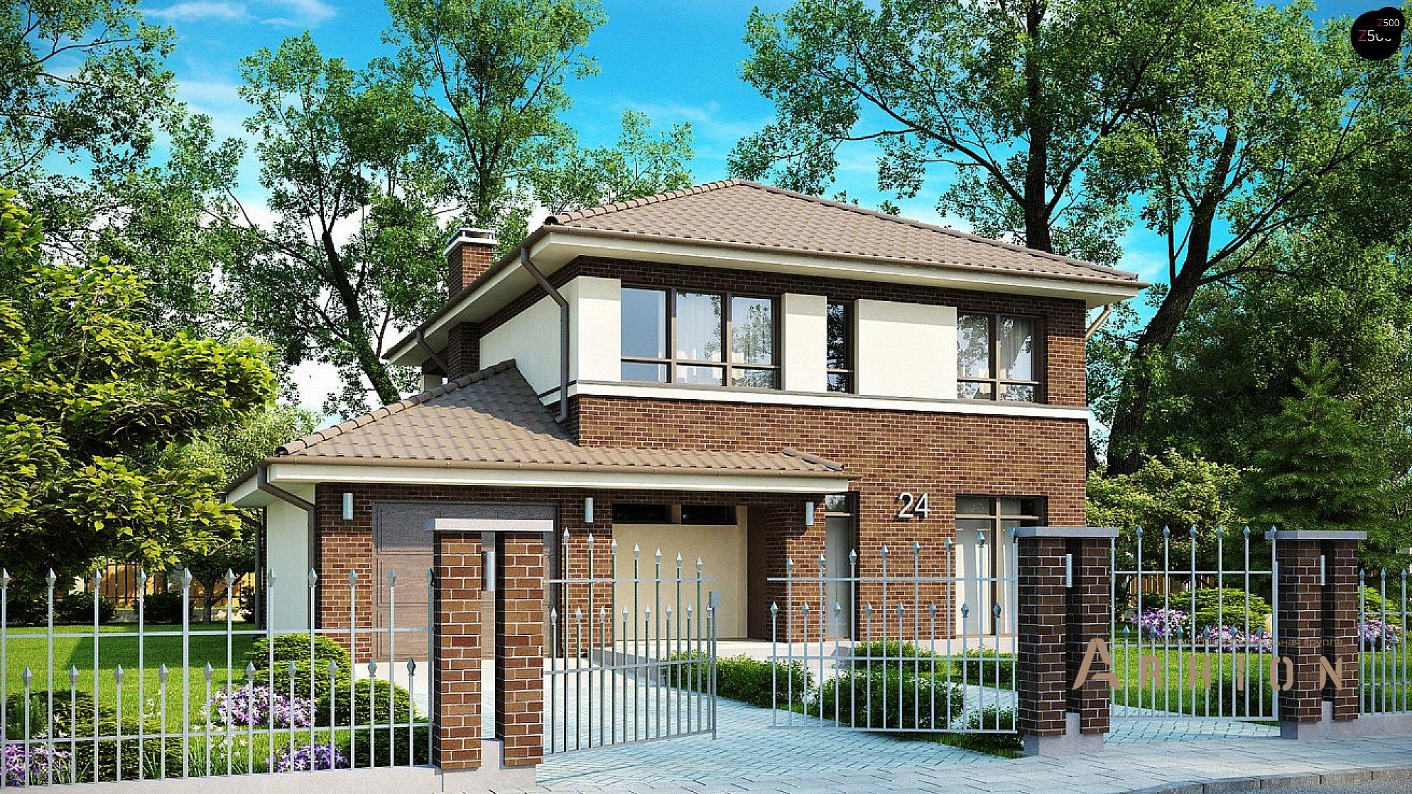 1. Проект двухэтажного дома в современном стиле с четырехскатной, Zx24 dk, площадью - 163 кв c терассой, балконом, гаражом